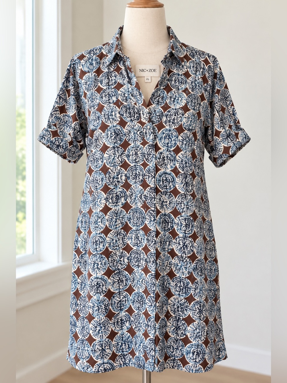 NIC+ZOE Petite Small PS Blue Brown Geo Print Shift Dress Short Sleeve